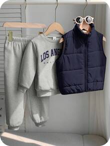 SHEIN 兒童返校 3 件套 小男孩休閒舒適百搭厚款夾克冬秋外套 + 圓領運動衫 + 長褲 - 彩色 - 查看 7