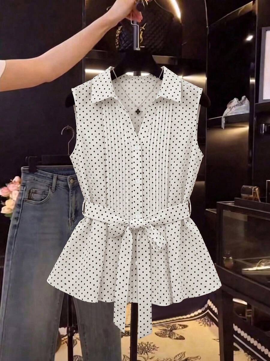 SHEIN Franclia 女款休閒無袖上衣背心,抓皺波點布料,附同材質腰帶,鬆緊腰收褶,性感優雅,適合辦公室與茶會 - 彩色 - 查看 1