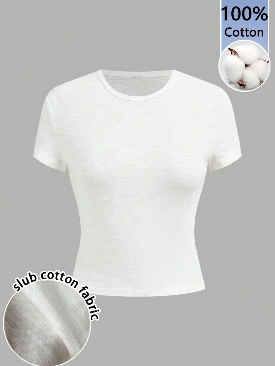 Tseoso 女款 100% 粗織棉短版 T-shirt,純色圓領,復古 Softgirl 風格,時尚休閒居家款 - 彩色 - 查看 1