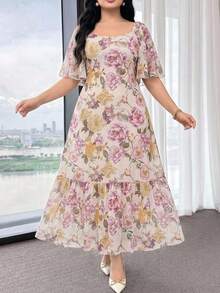 Feyla 大尺碼女款花卉圖案荷葉袖優雅洋裝 - 彩色 - 查看 1