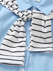 SHEIN Explorewe 2pcs/Set Young Boy Versatile Casual White Comfortable Skin-Friendly Woven Fabric Button-Up Collar With Shawl Decoration Long Sleeve Shirt + Elastic Waistband Real Denim Washed Distressed Effect Casual Long Pants Outfit, Suitable For Travel, Outdoor, Shopping, Party And Other Outdoor Activities - Baby Blue - View 7