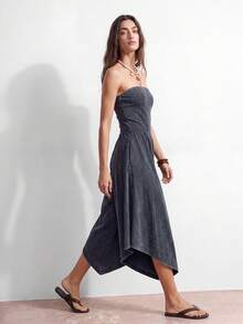 Bohemela Damen Lässig einfarbiger Strick Bandeau-Top & Weite Bein Jumpsuit - Schwarz - Übersicht 6