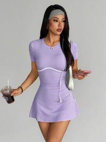 Dewbera Dewbera Women's Short Sleeve Round Neck Fitted Ruched Black & White Sports Dress With Shorts And Phone Pocket - Mauve Purple - View 2
