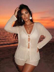Sirith 2 Pieces Women Textured Fabric Bowknot Swimwear Cover Up Set For Summer Beach Vacation - Beige - View 3