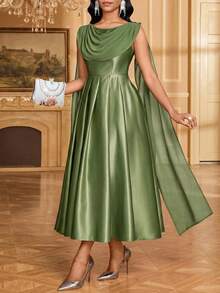 Fleurora Women's Solid Color Ruffled Neck Pleated Casual Party Mid-Length Dress, Summer,Dresses For Women Summer - Olive Green - View 5