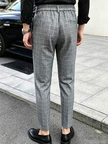 Manfinity Bizformal 男士灰色格紋修身西裝褲，附腰帶環，單褶設計，半鬆緊腰頭與拉鍊，儀式場合適用 - 灰色 - 查看 2