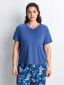 Slumbrini Conjunto de pijama de talla grande con estampado, cuello en V y manga corta - Azul Marino - Ver 6