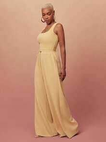 Vixey Solid Crepe Square Neck Drawcord Waist Wide Leg Jumpsuit, Elevated Casual Chic, Everyday Style, Off Duty Vacation Beige Summer Travel - Olive Green - View 5