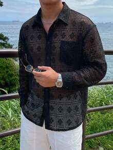 DAZY Spring/Summer Embroidered Mesh Pattern Long Sleeve Men's Shirt - Black - View 5