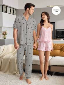 CoupledUp Men's Bowknot Striped Print Open Front Lapel Short Sleeve Long Pants Pajama Set - Black - View 6