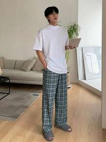 DAZY 春夏綠色格紋長褲與白色假領T恤男士居家休閒套裝睡衣 - 彩色 - 查看 3