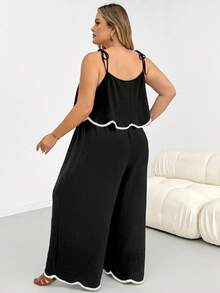 SHEIN CURVE+ 大尺碼女款休閒傳統波西米亞風度假純色紋理寬鬆連身褲 商務正式 黑白配色 夏季早午餐 - 黑色 - 查看 2