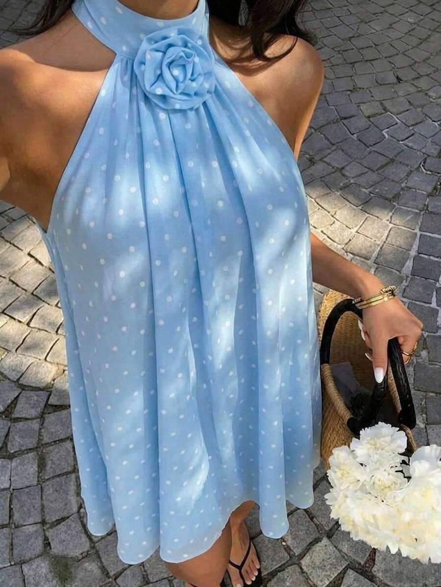 Sunnyshic Women's Summer Chiffon Polka Dot Halter Backless 3D Floral Decor A-Line Loose Casual Elegant Tropical Vacation Romantic Mini Dress Brunch Blue - Blue and White - View 1