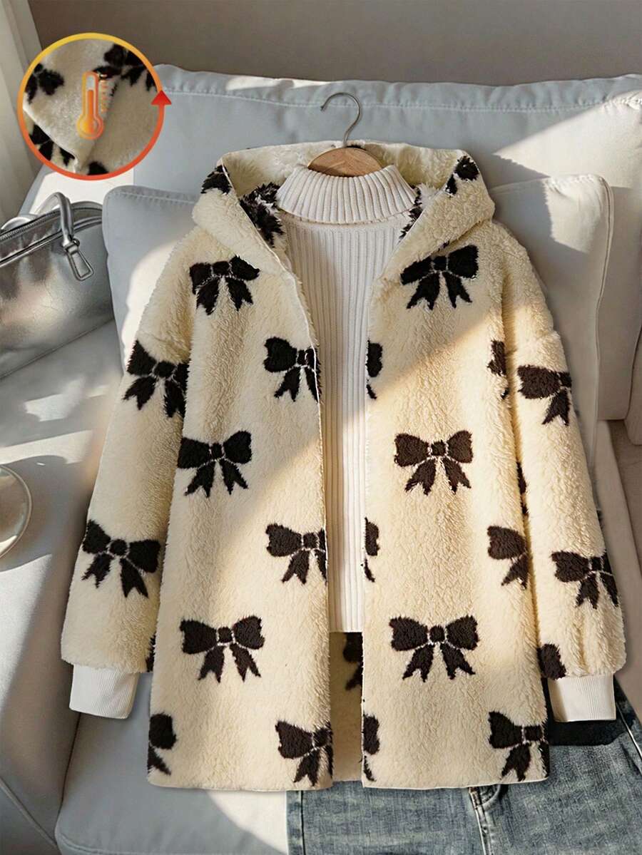 Tween Girls' Casual All-Match Versatile Bowknot Jacquard Fleece Hooded Long Cardigan For Home, School, Daily Wear, Autumn/Winter - Apricot - View 1