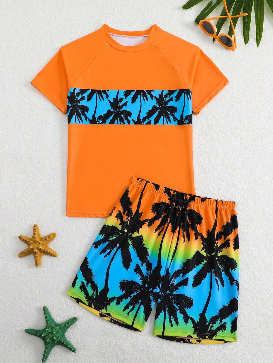 SHEIN Tween Boys Swimwear (Large) Short Sleeve Patchwork Top With Beach Shorts Casual Sports Swimsuit Set For Summer - Burnt Orange - View 1