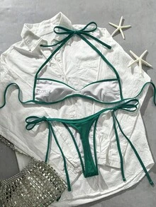 Costavie 2件組春夏海灘度假花卉亮片紋理面料掛脖抹胸上衣與側綁繩丁字比基尼套裝 - 綠色 - 查看 7