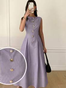 Solavon Stylish Striped Maxi Dress For Women Pleated A Line Sleeveless Design Perfect For Spring And Summer Outfits - Purple - View 2