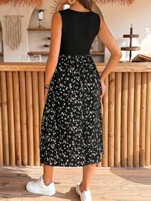 SHEIN 孕婦夏季休閒印花拼接無袖哺乳洋裝 - 黑色 - 查看 2
