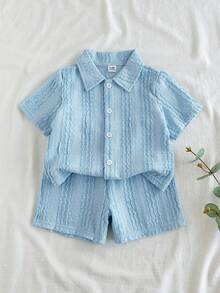 SHEIN Vintaside Kids 男嬰夏季領口短袖簡約時尚休閒襯衫搭配百搭休閒短褲套裝，適合旅行、度假或日常休閒散步 - 藍色 - 查看 5