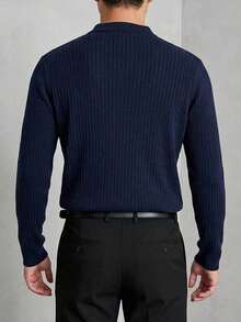 DAZY Men's Long Sleeve Navy Blue Polo Collar Ribbed Knit Top - Navy Blue - View 2