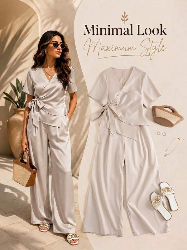 Franclia Plus Size V-Neck Pleated Short Sleeve Elegant Vintage Cute Jacket 2-Piece Set, Apricot Fabric, Suitable For Work, Commute, Date, Party, Waist-Flattering Slimming Jacket Blazer + Straight Leg Pants, Plus Size Women's 2-Piece Suit Set