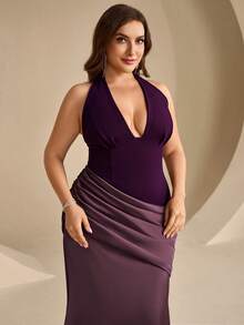 Coutiva Vestido de Noche Formal de Talla Grande con Bloques de Color, Patchwork, Espalda Descubierta, Cuello Halter y Corte de Sirena - Rojo violeta - Ver 5
