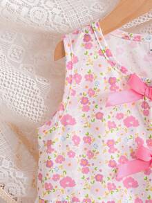 SHEIN Elladie kids 女童新款清新田園風精緻碎花兩件套，粉色蝴蝶結裝飾無袖背心上衣 + 粉色紋理布料寬腿長褲，甜美可愛時尚休閒穿搭，夏季 - 西瓜粉 - 查看 9