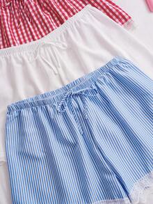 Slumberry CURVE Sweet & Cute Striped Plaid Print & Solid Color Lace Patchwork Plus Size Women's Pajama Bottoms 3pcs/Set - Multicolor - View 5