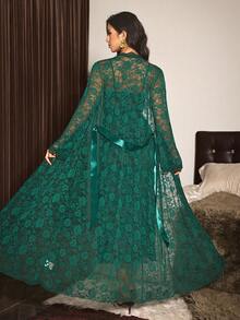 Slumberist Sexy Dark Green Vintage Lace Sheer Set, Mature Style Slit Maxi Dress, Atmospheric Cinched Cinched Waist Robe 2-Piece Set - Dark Green - View 4