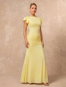 Lumalex Pale Yellow Boat Neck Maxi Dress With Flutter Sleeves Ruched Hip Detail Bodycon Bodice And Flared Hem Skirt Summer Holiday Outfits Elegant Dinner - Light Yellow - View 11