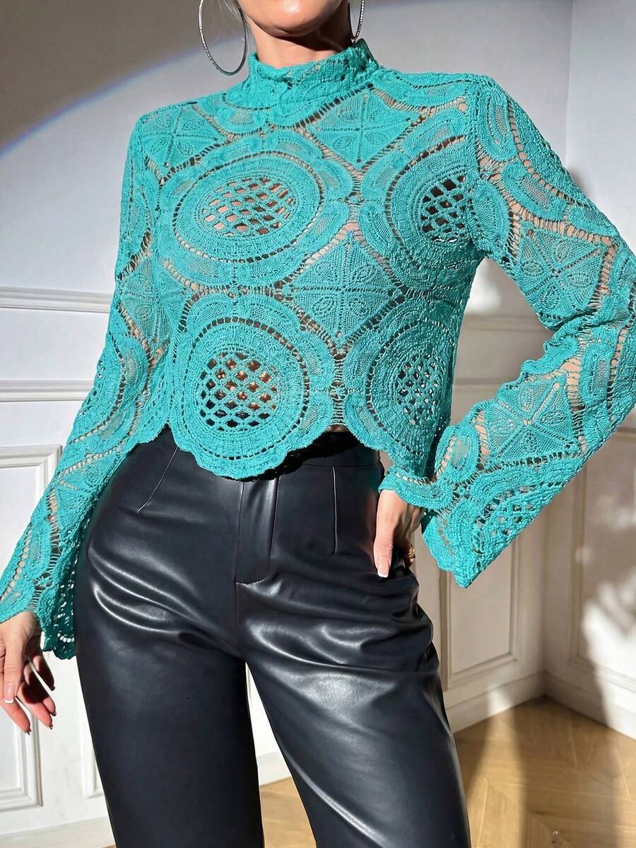 Glamine Water-Soluble Teal Sheer Blouse With Positioned Trim Party Night Night Out Summer Elegant - Blue - View 1