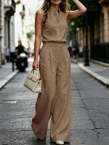 SHEIN Setelan Kasual Sehari-hari Wanita: Atasan V-Neck Polos dan Celana Panjang - Coklat - View 6