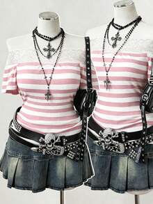 Sunspun Punk Style Off-Shoulder Straight Neck Striped Lace Trim Patchwork Short Sleeve Plus Size T-Shirt Top – Gothic Y2K Ribbed T-Shirt - Pink - View 1