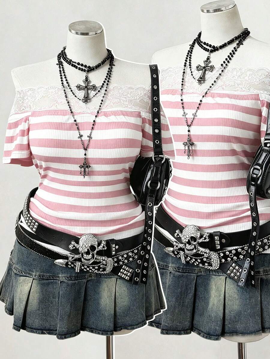 Sunspun Punk Style Off-Shoulder Straight Neck Striped Lace Trim Patchwork Short Sleeve Plus Size T-Shirt Top – Gothic Y2K Ribbed T-Shirt - Pink - View 1