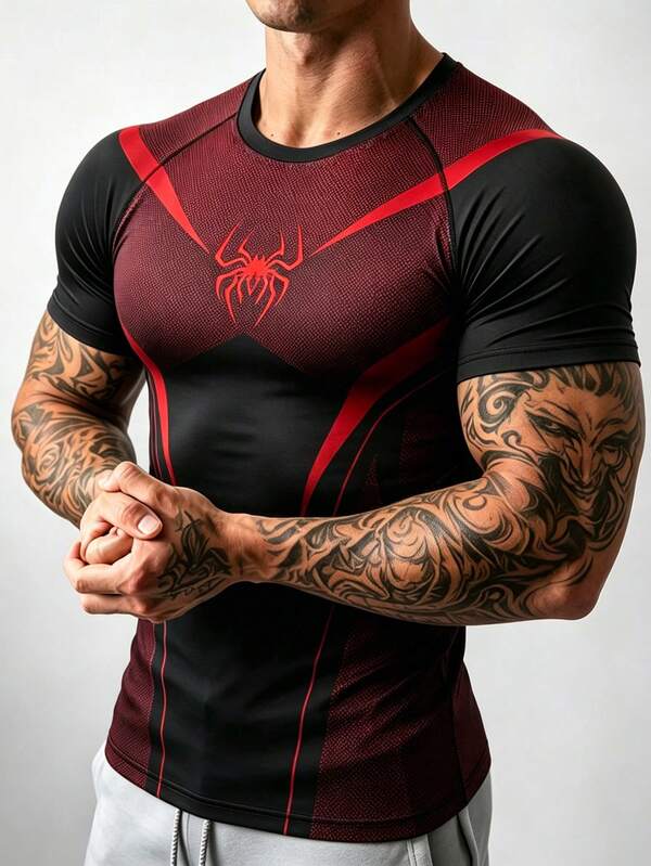 GymBeat Herren Große Größen Spinnenmuster Farbblock Lässig Vielseitig Alltag Sport T-Shirt