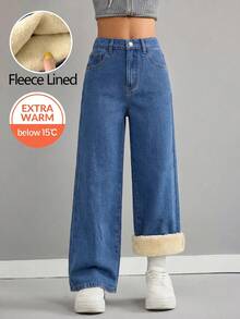 SHEIN 女童秋冬深藍色牛仔刷毛內裡寬鬆寬腿長褲 - 藍色 - 查看 1