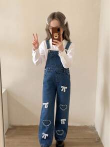 SHEIN Girls' Lace Bow Frayed Heart-Patterned Dark Blue Denim Loose-Fitting Overalls Fall Graduation Y2k - Medium Wash - View 4