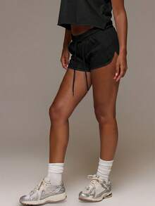 MUSERA ESSENTIALS Elasticated Tie Drawstring Waist Contrast Piped Hem Sweat Mini Shorts Cute Everyday Basics Sexy Daily Spring Summer Essential - Black - View 4