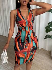 SHEIN Summer Tropical Print Halter Bodycon Mini Dress, Deep V Ruched Waistband,Sleeveless Backless Short Gown For Club And Party Music Festival Sexy Outfits - Multicolor - View 7