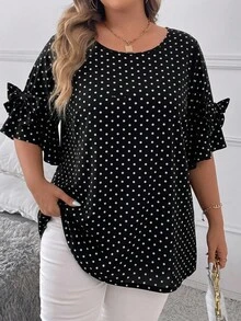 SHEIN CURVE+ 大尺碼夏季休閒波點印花蝴蝶結裝飾襯衫 - 黑與白 - 查看 1