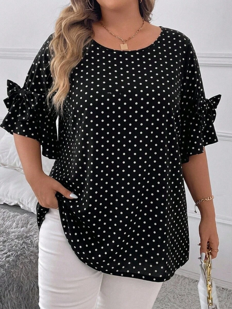 SHEIN CURVE+ 大尺碼夏季休閒波點印花蝴蝶結裝飾襯衫 - 黑與白 - 查看 1