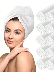 10pcs Women's Disposable Quick Drying Absorbent Towel Cap, Super Absorbent Spin On Headscarf, Essential For Home And Travel, Anti Frizz Design, Easy To Wrap Hair, Quick Drying, Essential For The Beach, A Good Item For Back To School Season - White - View 2