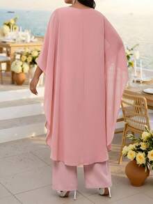 Fleurora Plus Size Solid Color Round Neck Poncho Top And Casual Elegant Long Pants 2 Pieces Set Wedding Dusty Pink Summer - Pink - View 2