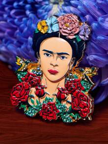 Frida Kahlo X SHEIN 2件組藝術鋅合金胸針別針套裝，女性包包吊飾裝飾，適合作為禮物、收藏、紀念品，水鑽設計 - 彩色 - 查看 3