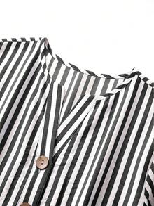 SHEIN 女款梭織條紋休閒通勤夏季襯衫 - 黑與白 - 查看 4