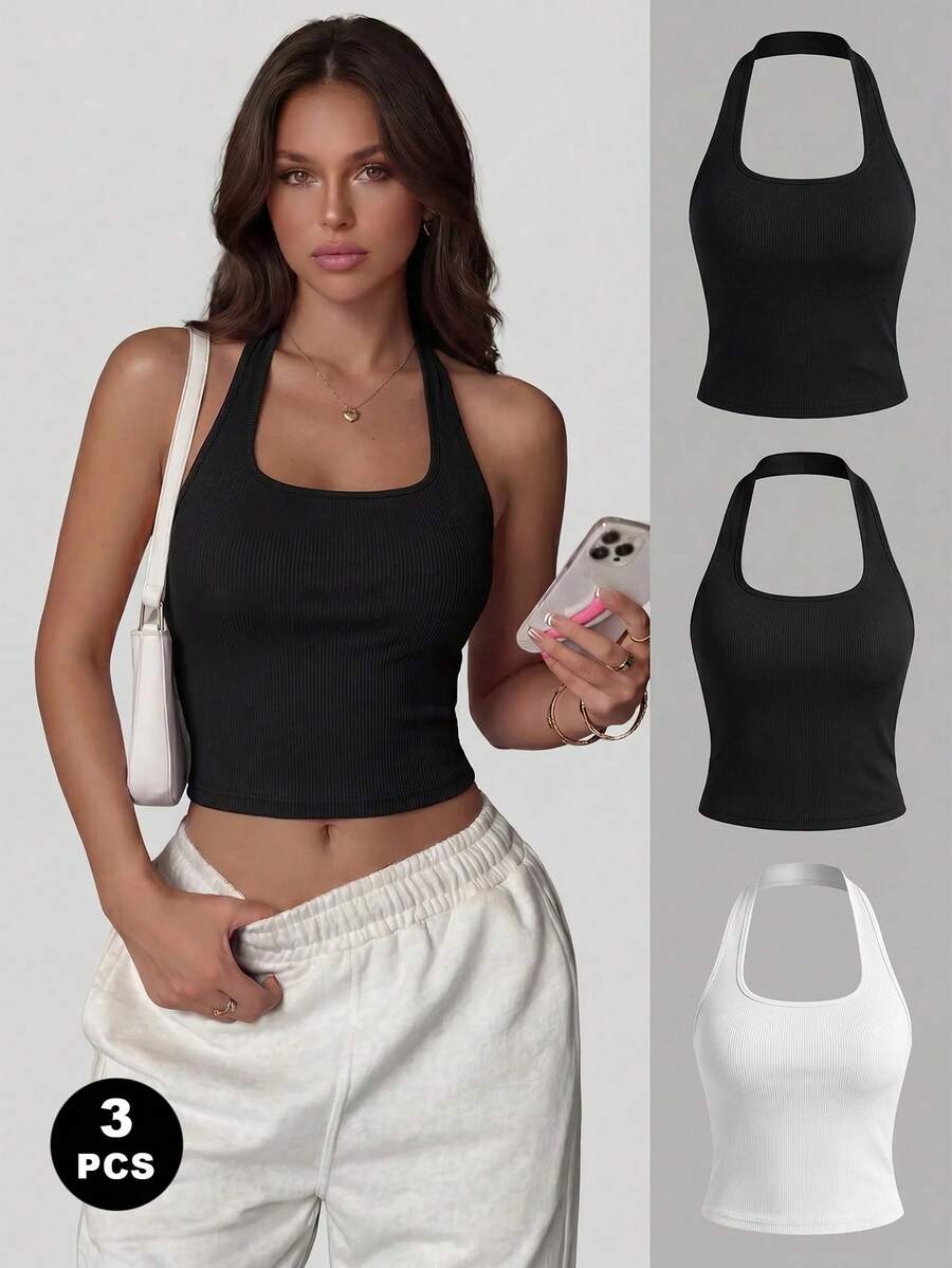 Women's Versatile Solid Color Sexy Spaghetti Strap Backless Fitted Summer Top. - Black and White - View 1