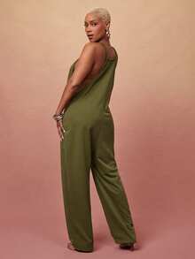 Vixey Lightweight Sweatshirt Barrel Leg Jumpsuit With Patch Pockets Elevated Casual Chic Everyday Style Off Duty Travel Olive Green Summer - Olive Green - View 4