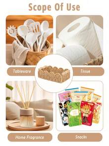 1PC Paper Rope Rattan Woven Storage Basket, Tea Table Storage Box, Toys, Snacks, Cosmetics Storage, Japanese Wooden Handle, Petal Style Storage - Brown - View 7