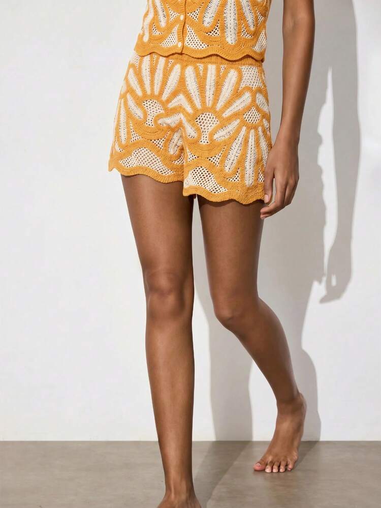 Maija Women's Colorblock Casual Versatile Daily Wear Knitted Shorts, Going Out Outfits - Mustard Yellow - View 6