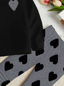 SHEIN Bộ 2 quần áo nỉ dài tay cổ tròn thường ngày cho bé gái, họa tiết trái tim pixel cổ điển, thích hợp cho mùa thu/đông - Nhiều màu - Xem 3